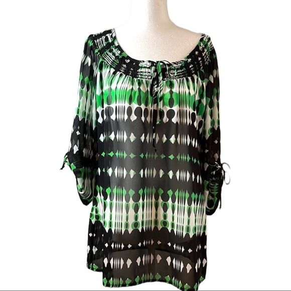 Maurices sheer mid length sleeve black green & white top elastic neckline SZ L - Picture 1 of 11